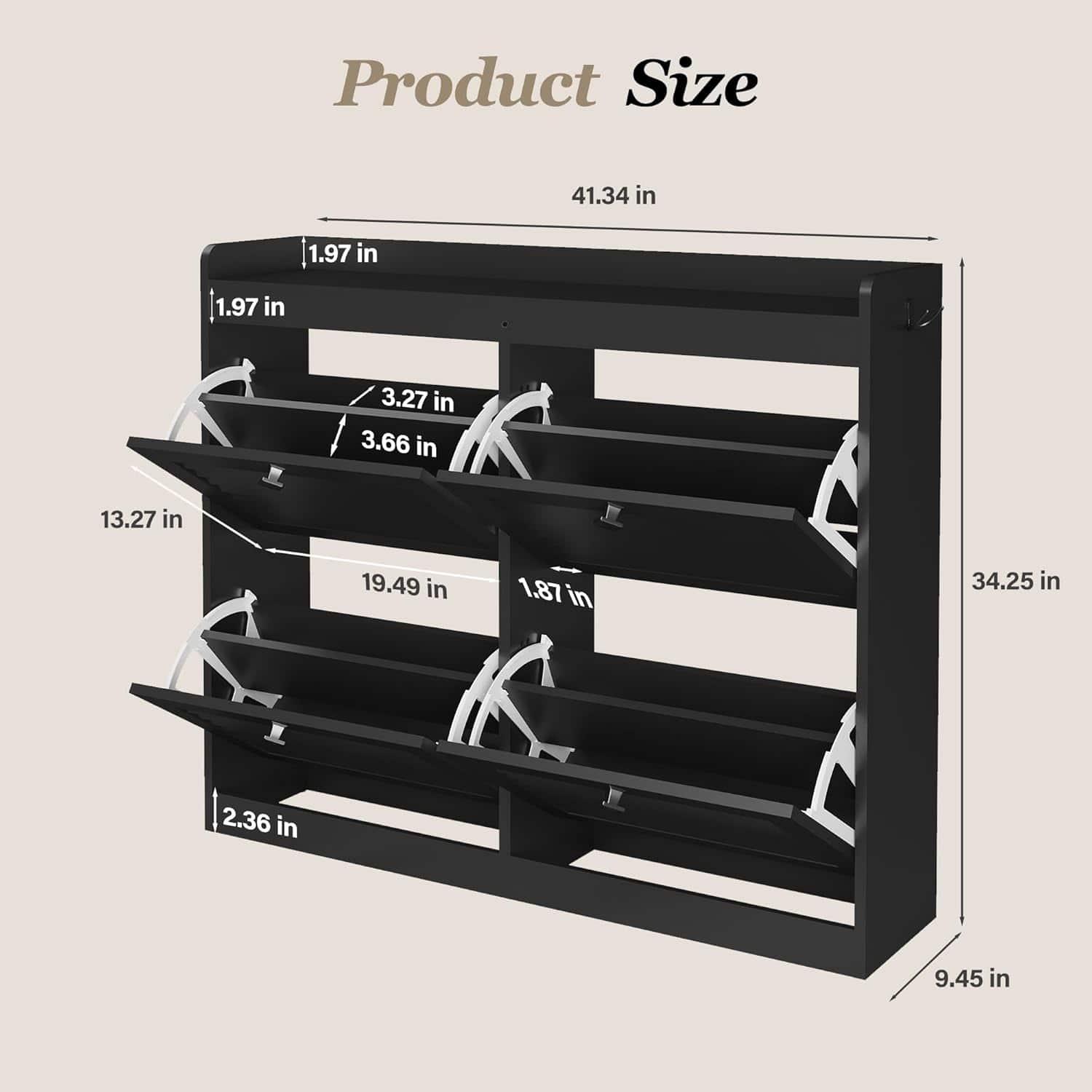 Homhougo - Large 4-Drawer Shoe Storage Cabinet, Flip-Up Doors, Wood Legs, Entryway - Black