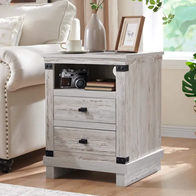 OMOMMD - Rustic Nightstand with Charging Station, 18" End Table, 2 Drawers, USB & AC Ports - Antique Brush White 1 PCS