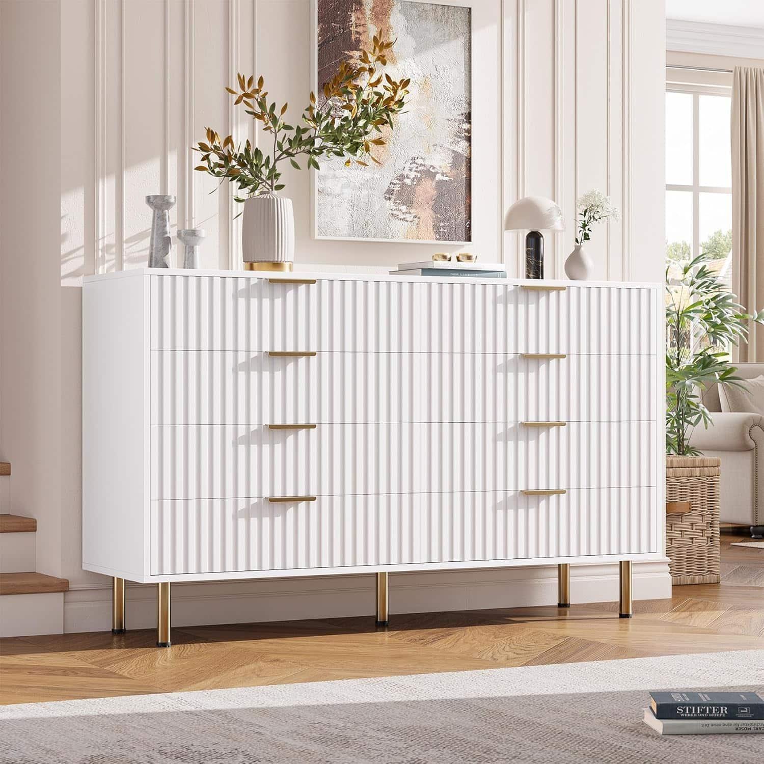 Homhougo - 8-Drawer Dresser for Bedroom, 55" Wide Modern Wooden Chest of Drawers with Metal Handles, Anti-Tip Design, Sturdy - White