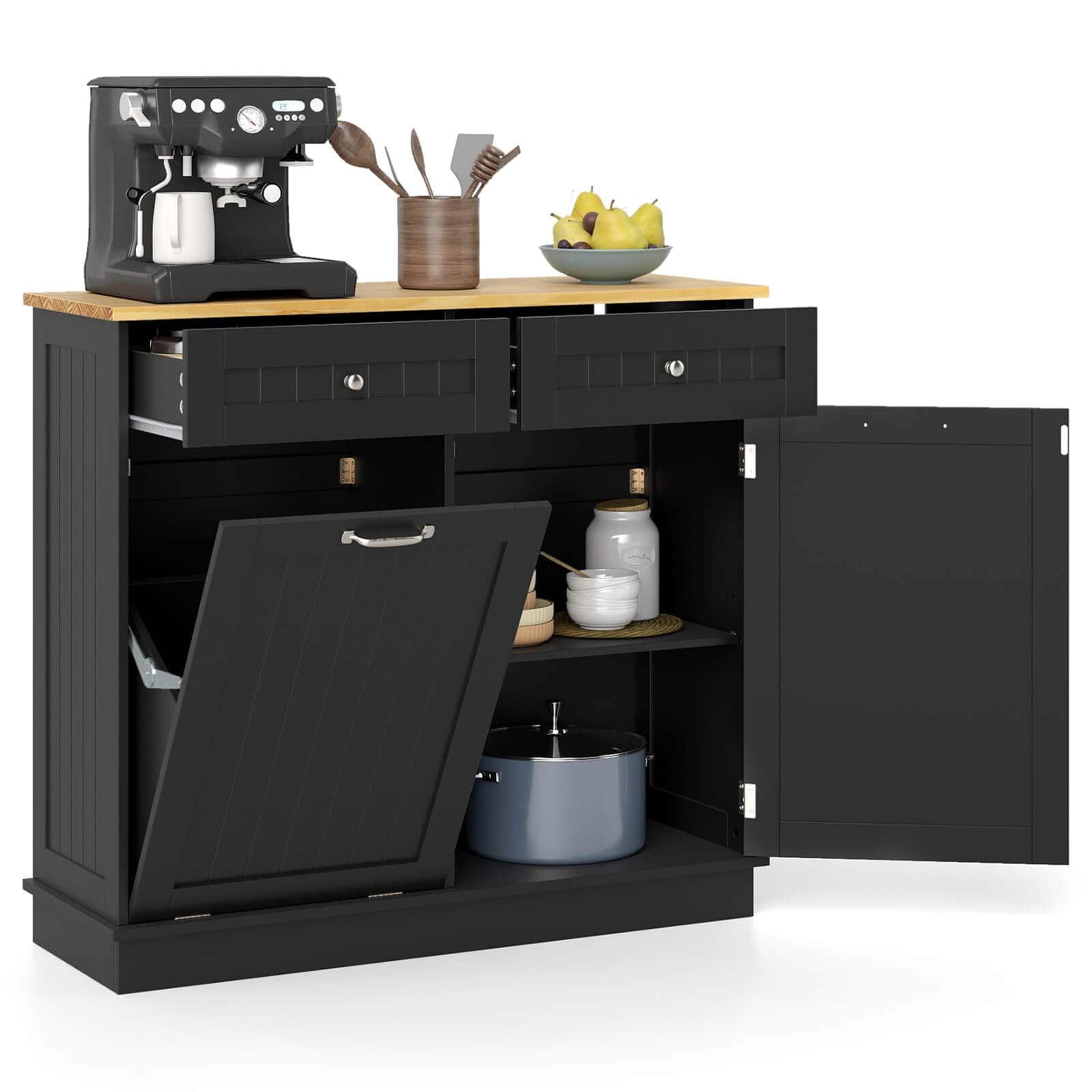 Costway - 15.5 Gallon Kitchen Tilt Out Trash Cabinet Rubber Wood Tabletop 2 Drawers Shelf - Black