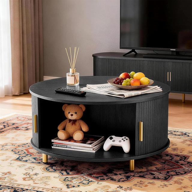 Tiramisubest - 31.5" Round Coffee Table with 360° Sliding Tambour Door, Mid-Century Modern Fluted Center Table with Storage, Wood Top - Black