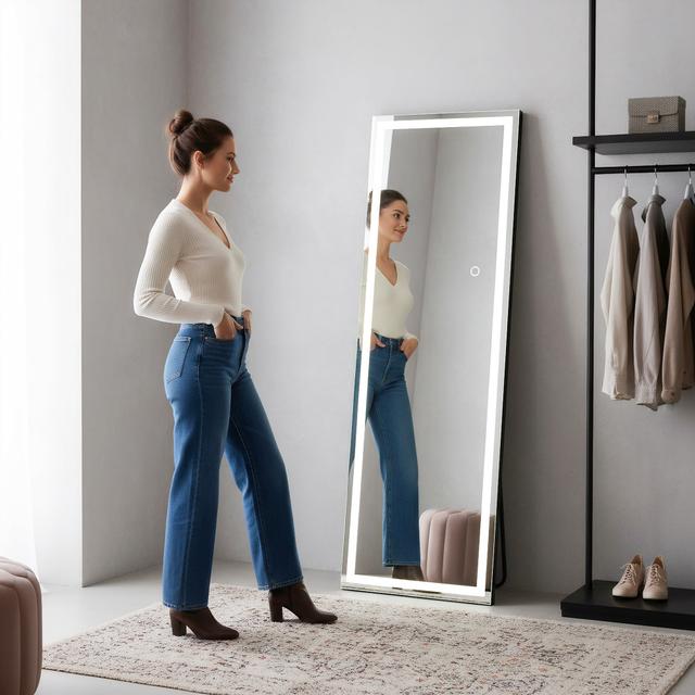 Spaco - 56 x 18 Rectangle Frameless Full-Length Tempered Mirror with Adjustable 3-Color LED Light - Black