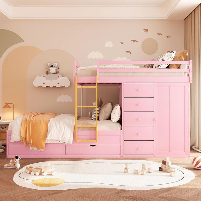 Anysun - Full Size Bunk Bed with Multiple Drawers & Wardrobe - MDF & Solid Wood Construction, Modern Storage Design - Pink