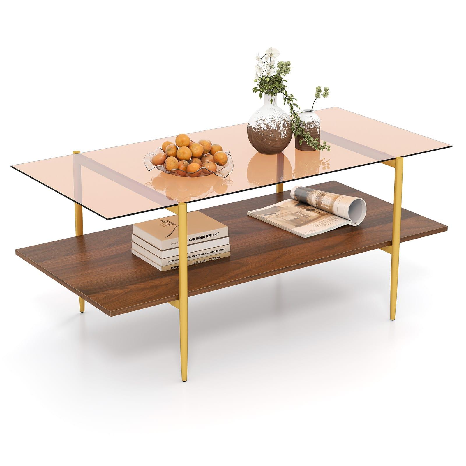 Gymax - 2-Tier Glass Coffee Table w/ Tampered Glass Tabletop & Open Storage Shelf - Brown, Gold