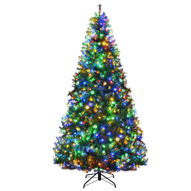 Gymax - 8FT Pre-Lit Christmas Tree Hinged Artificial Tree w/ Metal Stand LED Lights - Green
