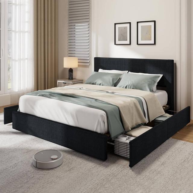 GARVEE - King Upholstered Platform Bed with 4 Storage Drawers, Tufted Wingback Headboard, No Box Spring - Black