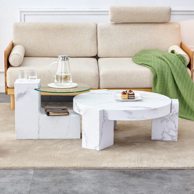 TinyHomie - Marble Mdf Coffee Table With Side Table Modern Durable For Living Room Bedroom - White