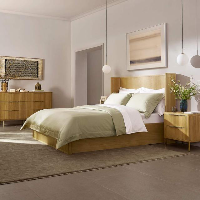 Rounded Corner, Tamboured Design Queen Size Bed with Headboard Cushions- Light Brown | Harper by Castlery, Queen Size, Multi Color