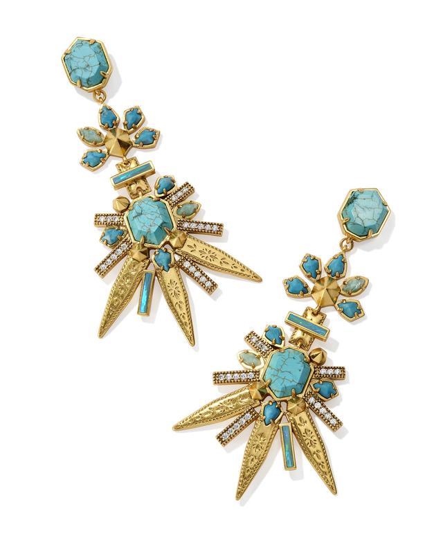 Kendra Scott Serayah Vintage Gold Statement Earrings in Teal Mix | Mixed Stones/Metal