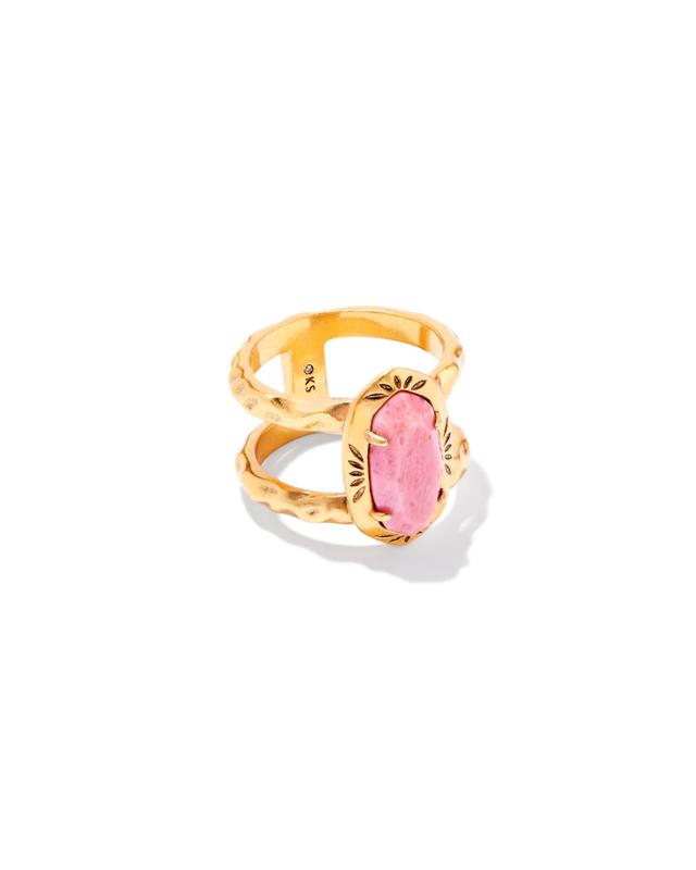 Kendra Scott Elyse Vintage Gold Etch Frame Band Ring in Blush Pink Quartzite | Quartzite/Metal | Size 8