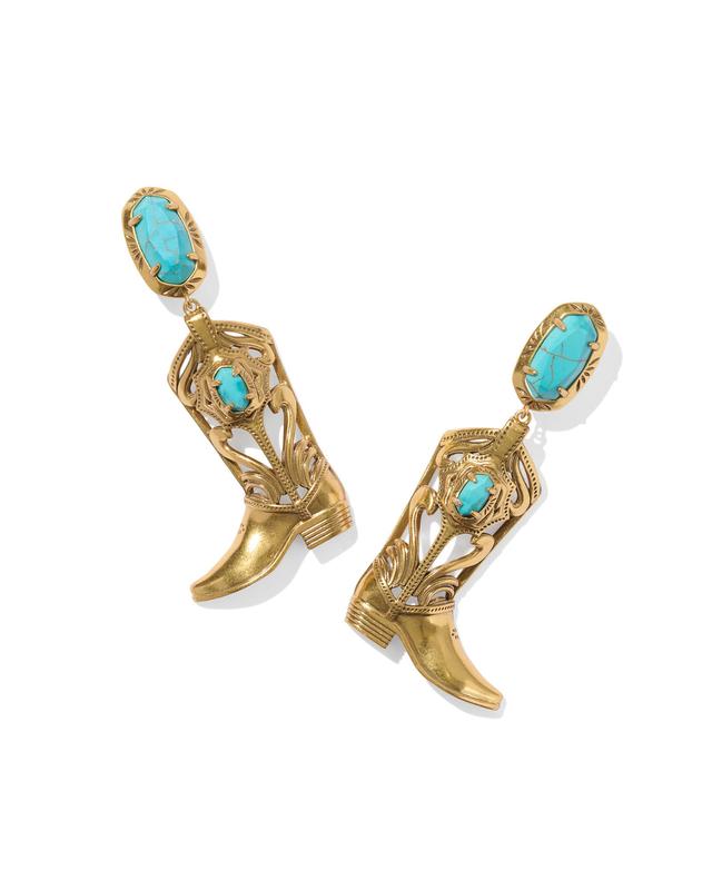 Kendra Scott Beau Vintage Gold Boot Statement Earrings in Variegated Turquoise Magnesite | Variegated Magnesite