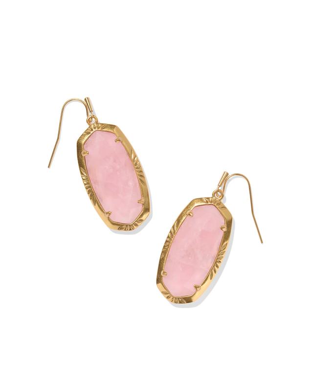 Kendra Scott Elle Vintage Gold Etch Frame Drop Earrings in Rose Quartz | Quartz/Metal