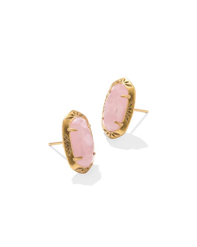 Kendra Scott Ellie Vintage Gold Etch Frame Stud Earrings in Rose Quartz | Quartz/Metal