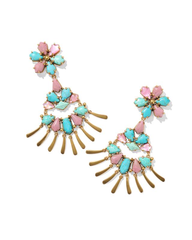 Kendra Scott Flynn Vintage Gold Statement Earrings in Teal Pink Mix | Mix/Metal