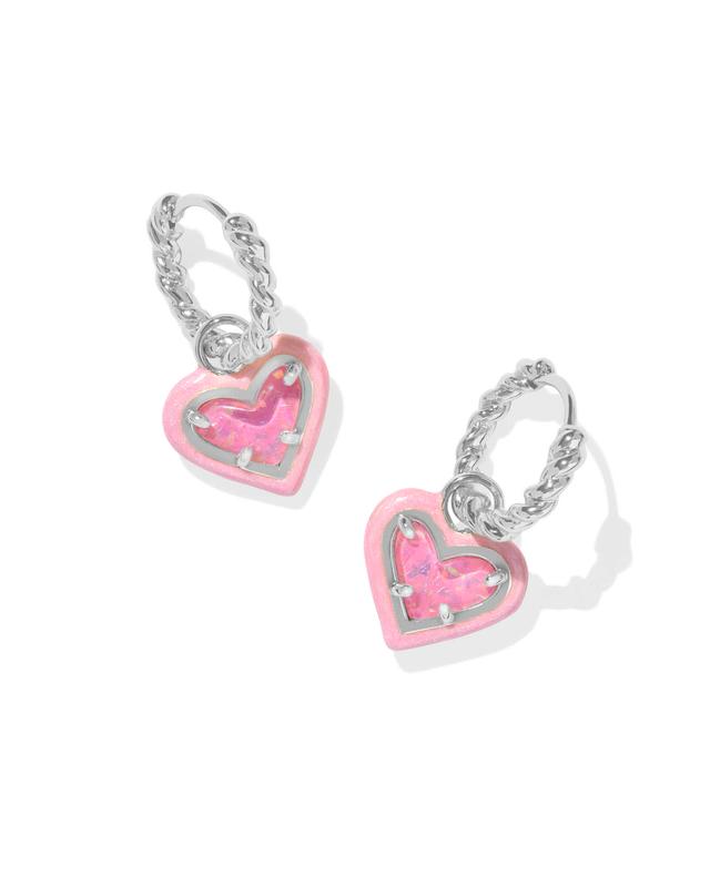 Kendra Scott Ari Heart Silver Enamel Frame Huggie Earrings in Pink Iridescent Glitter Glass | Glitter Glass/Metal Rhodium