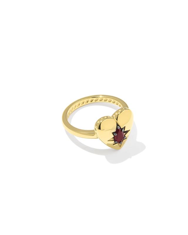 Kendra Scott Bold Heirloom Heart 18k Yellow Gold Vermeil Band Ring | Garnet | Size 8