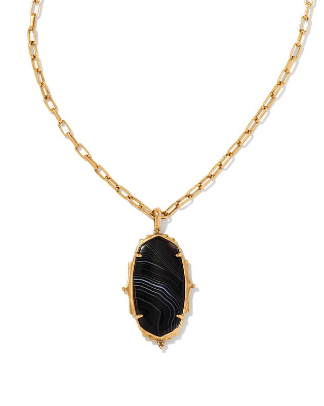 Kendra Scott Baroque Ella Vintage Gold Long Pendant Necklace in Black Banded | Agate