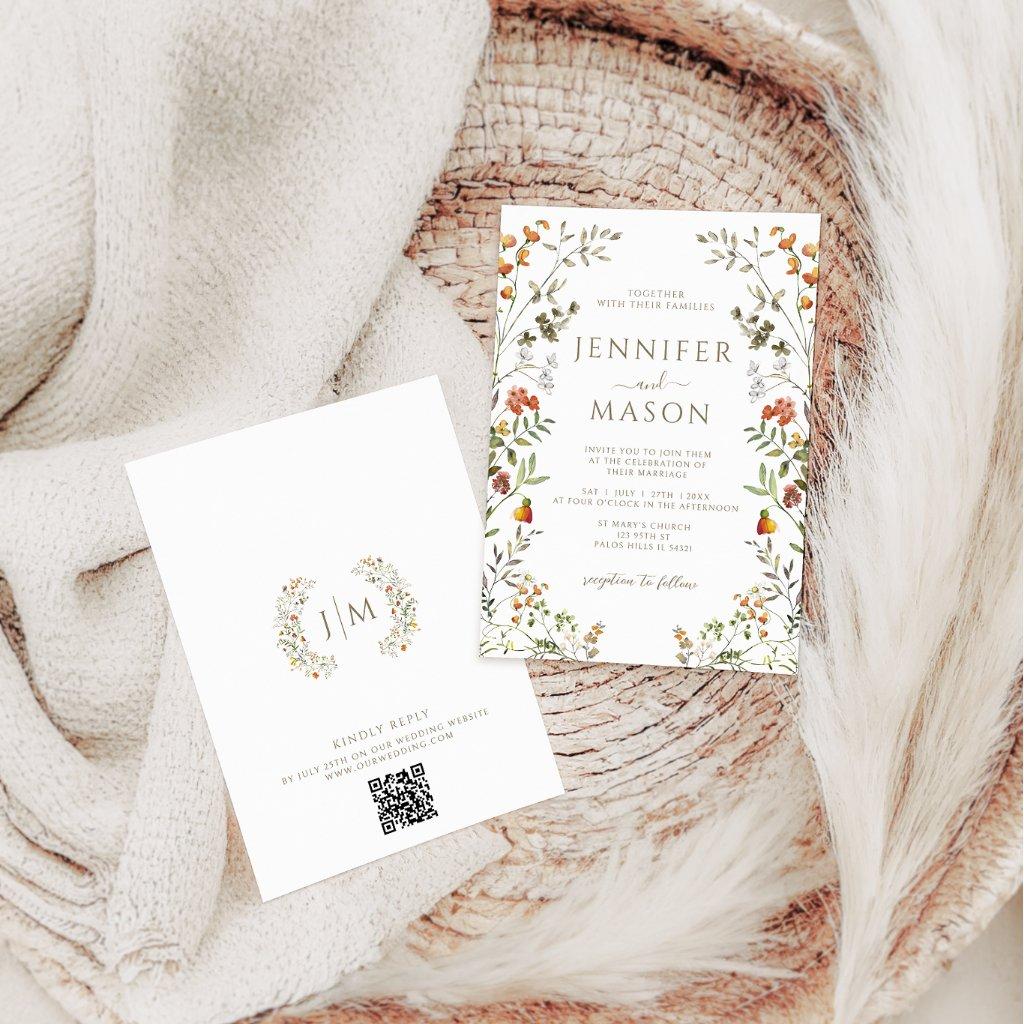 Bohemian Autumn Meadow Flower Wreath Fall Wedding Invitation