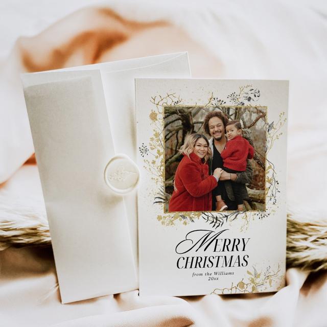 Christmas Deer Black And Gold Floral Photo Digital Holiday Card