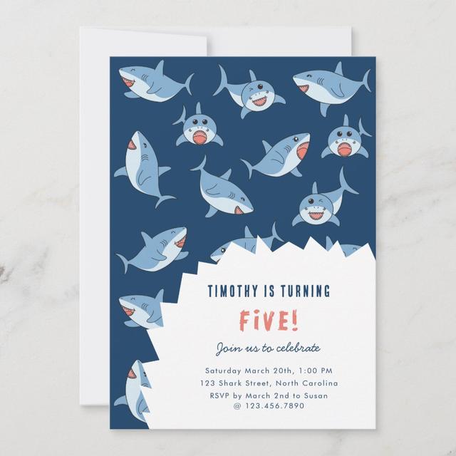 Cute Great White Sharks Ocean Birthday Party Invitation