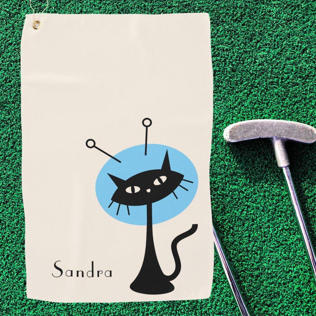 Cute Vintage Cat Modern Monogrammed Golf Towel
