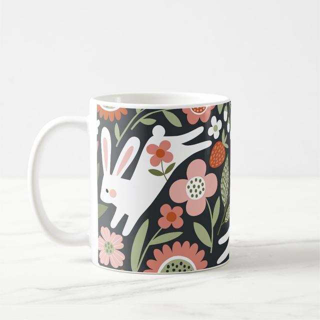 Cute white rabbits floral vintage pattern. coffee mug
