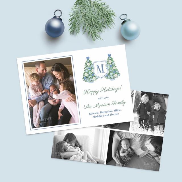 Elegant Blue Chinoiserie Merry Christmas 6 Photo Holiday Card