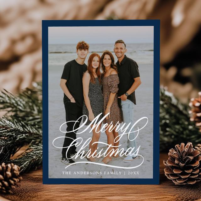Elegant Merry Christmas Script Navy Frame 2 Photo Holiday Card