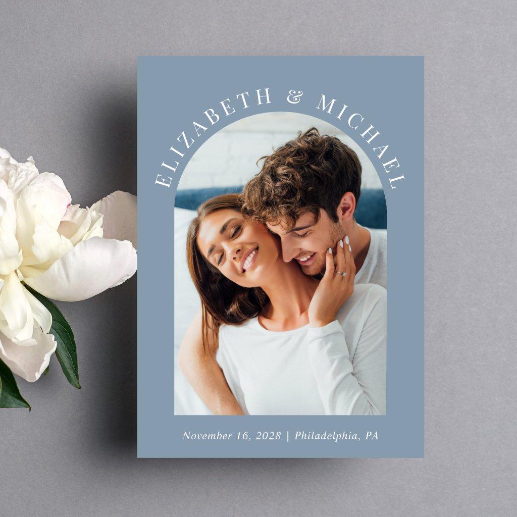 Modern Arch Photo QR Code Dusty Blue Wedding Invitation