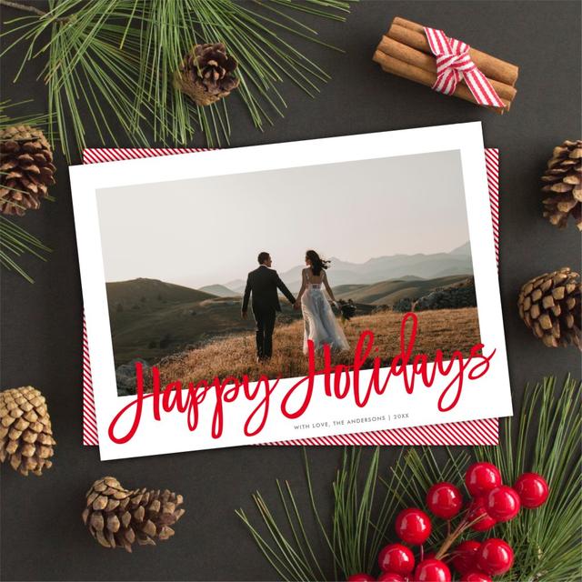 Modern Festive Red Script Christmas One Photo Holiday Card