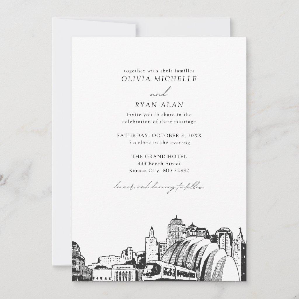 Modern Kansas City Skyline Black & White Wedding Invitation
