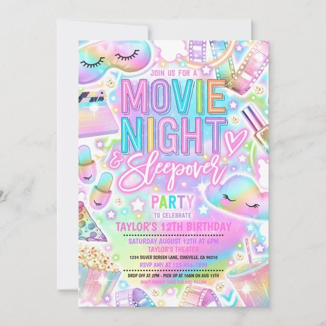 Movie Night Sleepover Pastel Rainbow Birthday Invitation