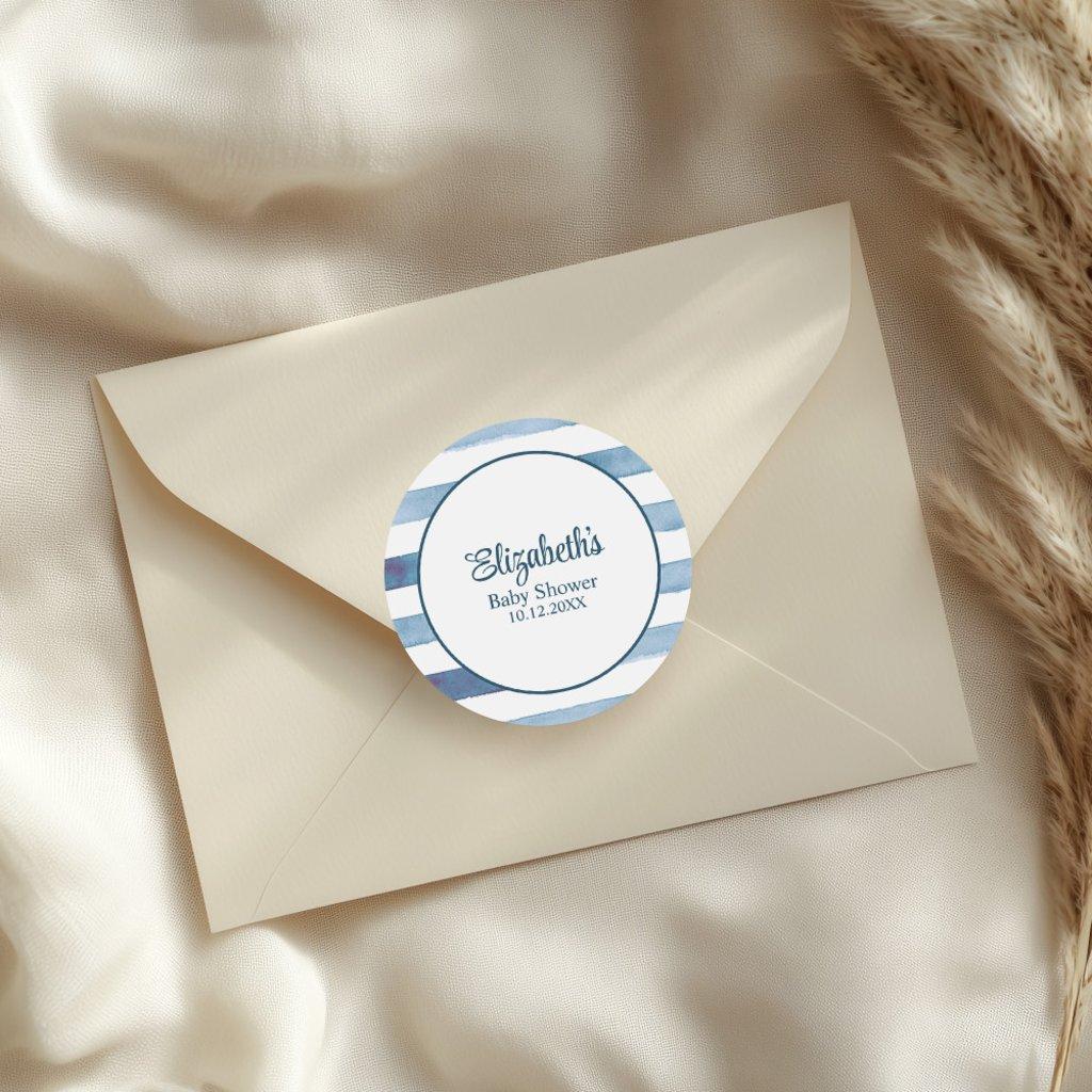 Navy Blue Watercolor Stripes Baby Shower Classic Round Sticker