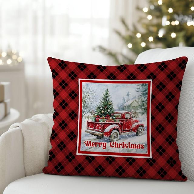 Nostalgic red truck holiday scene rustic Christmas Throw Pillow