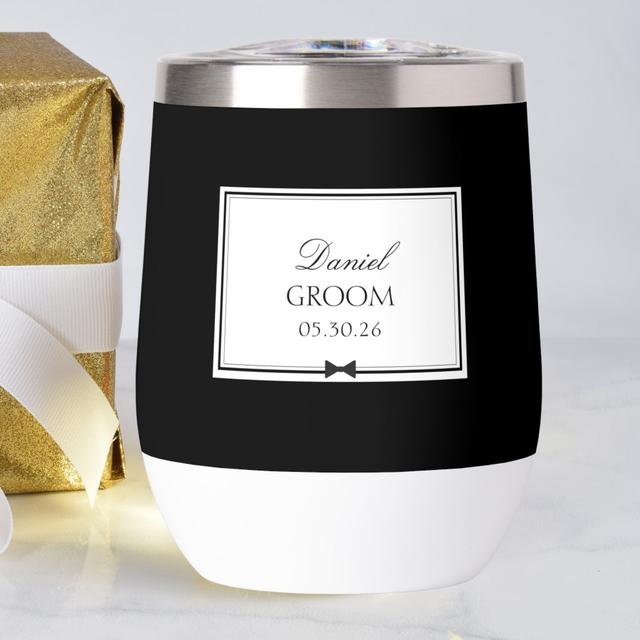 Personalized Black and White Simple Bowtie Groom Thermal Wine Tumbler