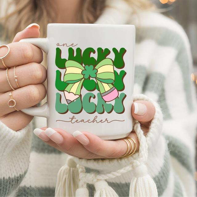 Retro One Lucky Teacher with Coquette Pencil Bow Coffee Mug
