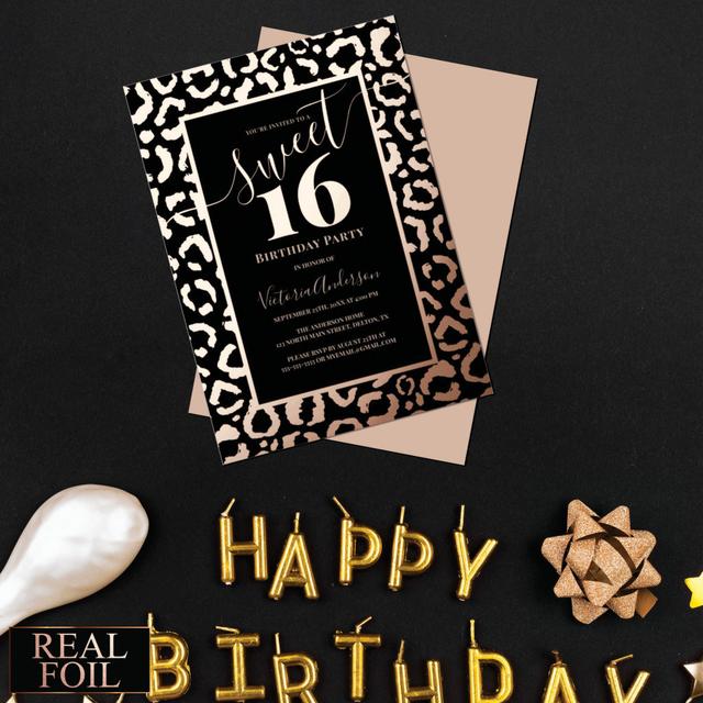 Rose Gold Leopard Cheetah Animal Print Sweet 16 Foil Invitation