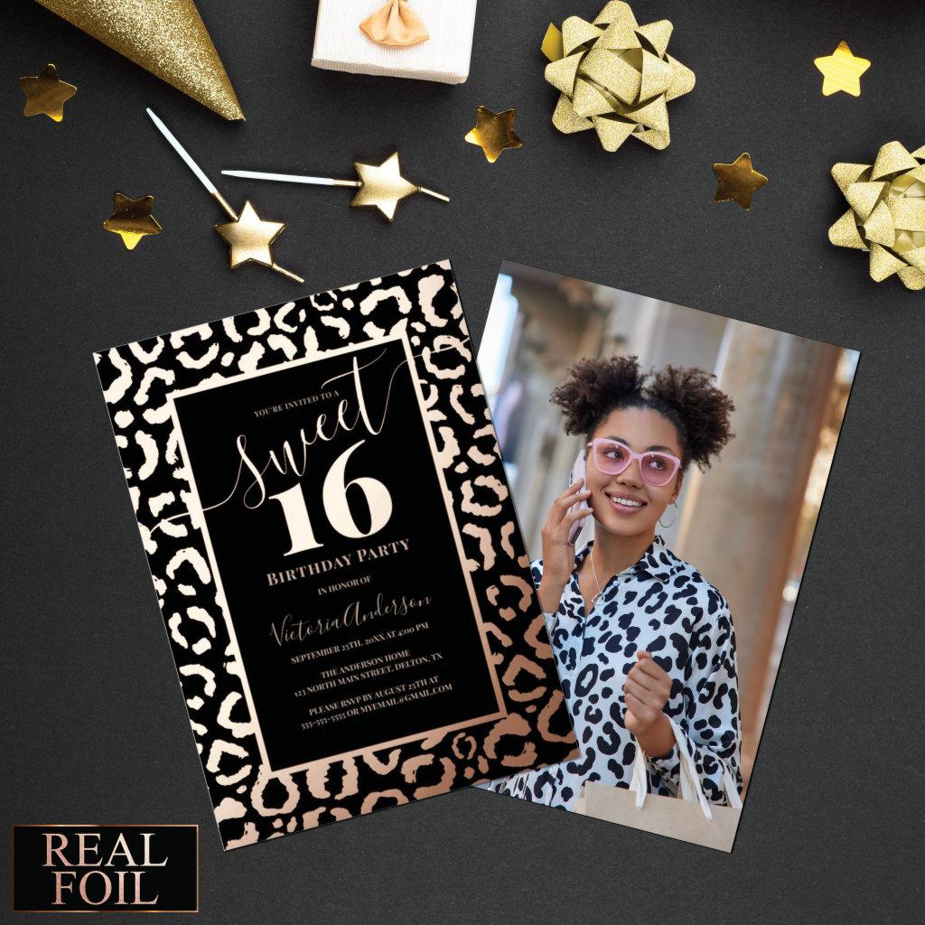 Rose Gold Leopard Cheetah Print Photo Sweet 16 Foi Foil Invitation