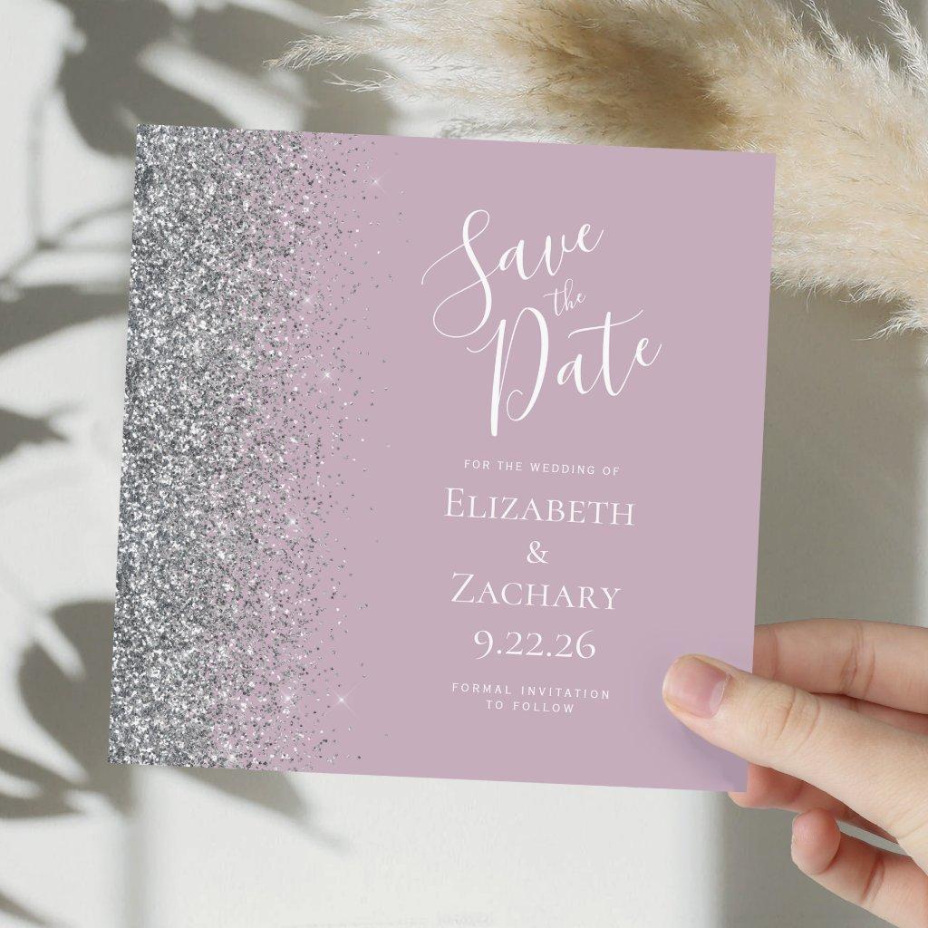 Square Dusty Lilac Silver Glitter Save the Date Announcement