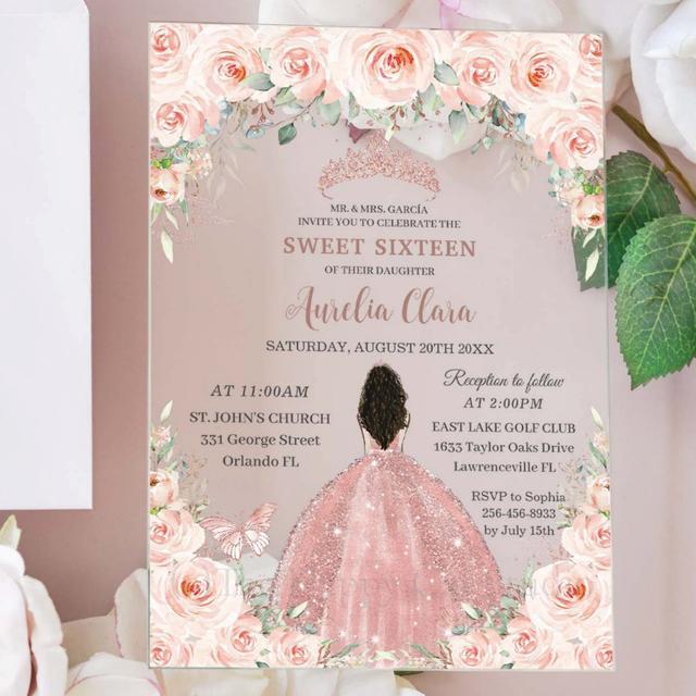 Sweet 16 Blush Pink Floral Rose Gold Brown Girl Acrylic Invitations