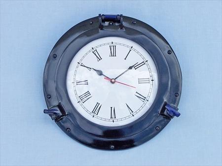 WC-1445-12-Blue Brass Deluxe Class Porthole Clock 12 in. - Dark Blue Decorative Accent