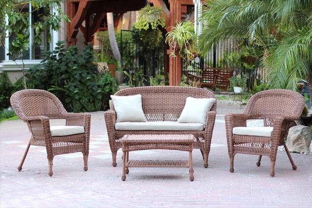 W00205-G-FS006 4 Piece Honey Wicker Conversation Set - Tan Cushions