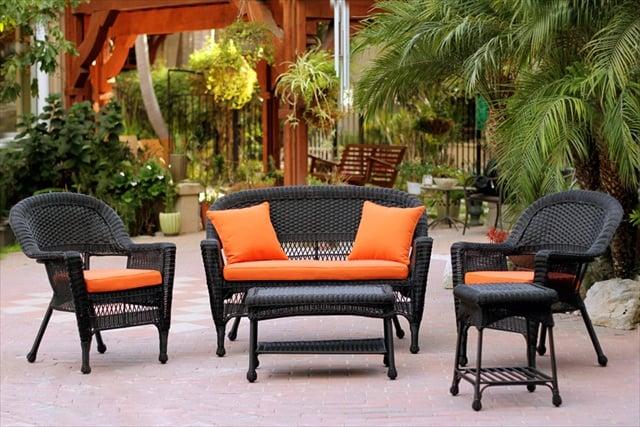 W00207-G-OT-FS016 5 Piece Black Wicker Conversation Set - Orange Cushions