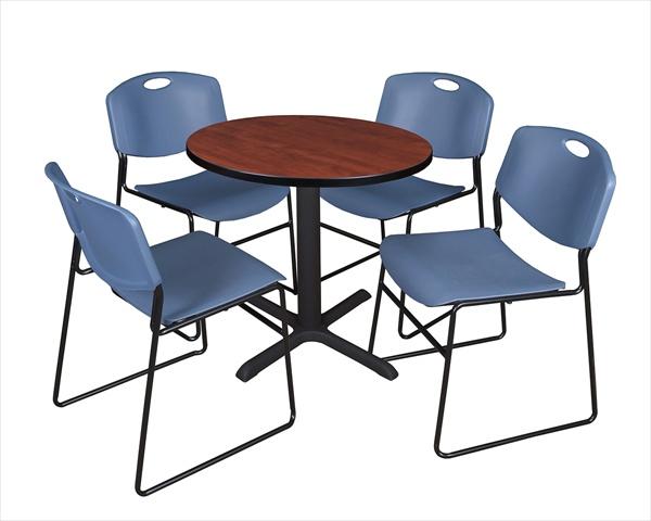 30 In. Round Laminate Table- Cherry & Cain Base With 4 Blue Zeng Stack Chairs