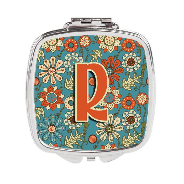 Letter R Flowers Retro Blue Compact Mirror