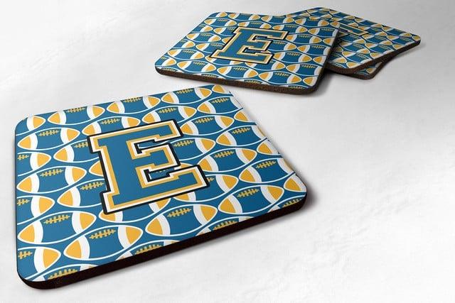 CJ1077-EFC Letter E Football Blue & Gold Foam Coaster, 3.5 x 0.25 x 3.5 in. - Set of 4