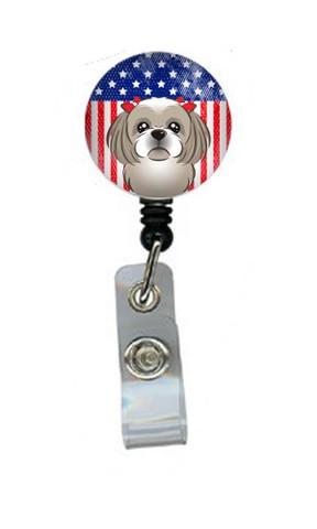 BB2180BR American Flag & Gray Silver Shih Tzu Retractable Badge Reel