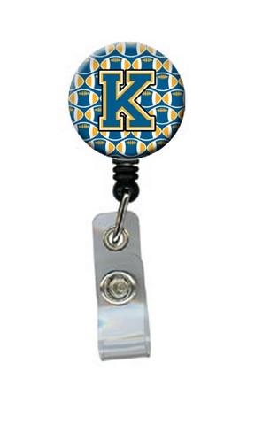 Letter K Football Blue & Gold Retractable Badge Reel - Blue & Gold - 5in. H x 1in. W x 2in. L