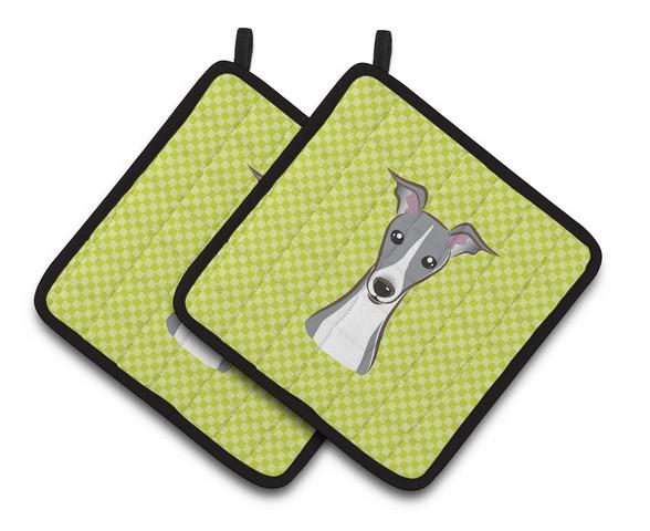 Checkerboard Lime Green Italian Greyhound Pair of Pot Holders, 7.5 x 3 x 7.5 in.