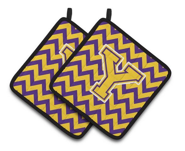 Letter Y Chevron Purple & Gold Pair of Pot Holders